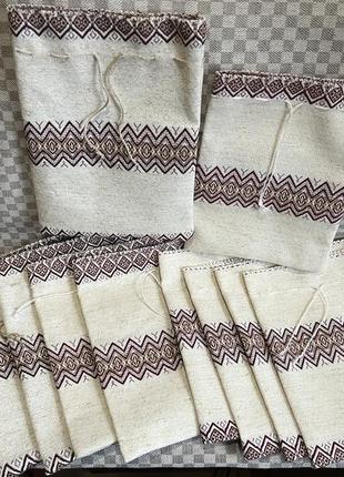 Десять пакетиків з льону, упаковка з тканини, торбинки з оргаментом 16 cm x 21 cm 10 лляних торбинок