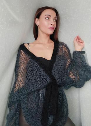 Женский кардиган зимний теплый вязаный ручной работы hande made джемпер свитер оверсайз базовый черный серый1 фото