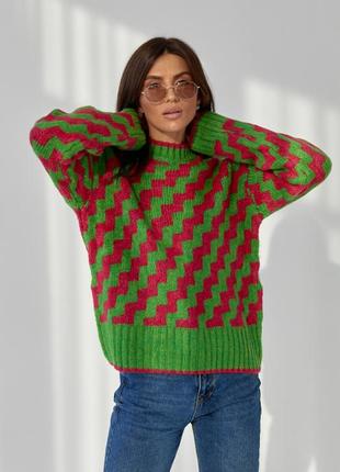 Жіночий в'язаний светр oversize з візерунком зигзаг