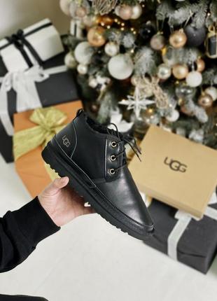 Угги чорні шкіряні з хутром, угги ботинки зимні ugg neumel black leather (36рр - 45рр) угги чёрные