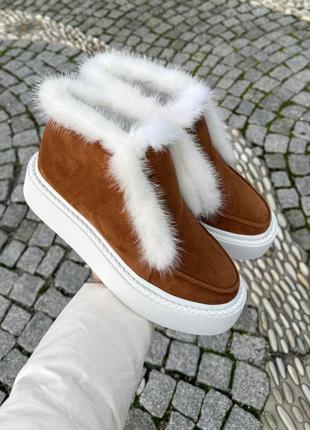 Теплі вишукані карамельні хайтопи черевики norka 🐀хутро норка натуральний замш шкіра зима осінь