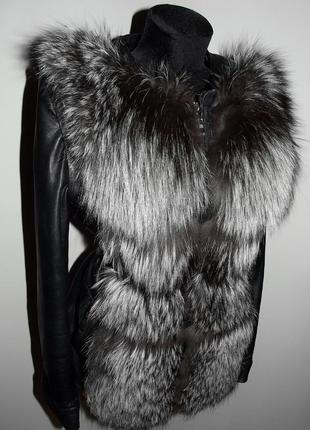 Кожаная куртка с чернобуркой трансформер , жилетка чернобурка р.s-хs4 фото