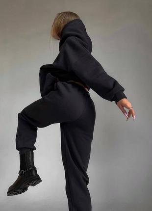 Спортивний костюм флісовий теплий з капюшоном сірий чорний комплект утеплений на флісі худі джогери штани базовий зимовий