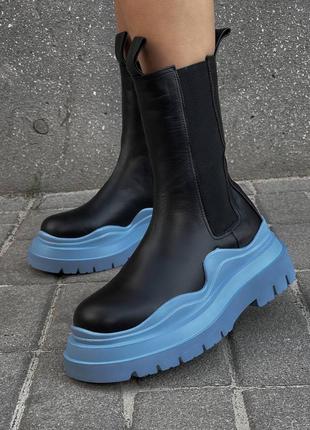Женские кожаные ботинки на флисе bottega veneta black blue