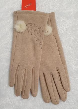 Трикотажні жіночі рукавички із декоративним елементом з бісеру та хутра пр-ва paidi