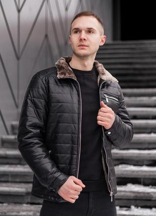 Куртка из эко-кожи чёрная мужская зимняя7 фото