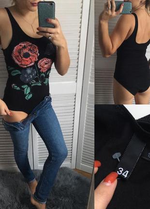 Чёрный цветочный боди h&m  размер: 34(xs)