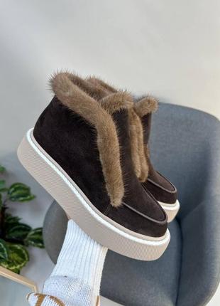 Вишукані шоколадні теплі черевики norka 🐀хутро норка замш натуральний зима осінь