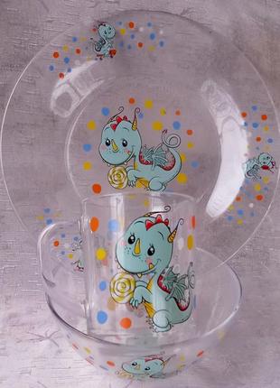 Набор столовый детский стеклянный "дракончик" (3 предмета)