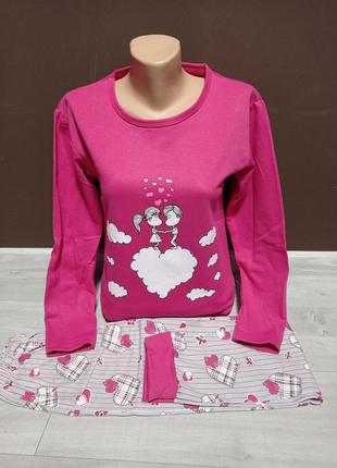 Тепла піжама для дівчинки підлітка з мікроначесом туреччина серденько12-18 років реглан та штани байка малина