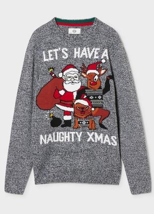Новогодний свитер c&a. xl рождественский christmas джемпер пуловер кофта мужской санта клаус дед мороз мопс олень на подарок
