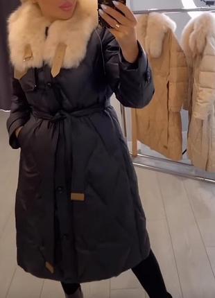 Шикарное пальто пуховик,высокое качество,с поясом, натуральный мех.