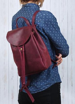 Кожа. ручная работа. кожаный рюкзак, рюкзачок с клапаном бордовый марсала5 фото