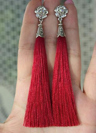 Сережки сережки кисті пензлика вишнево-малинові з квіткою трояндою