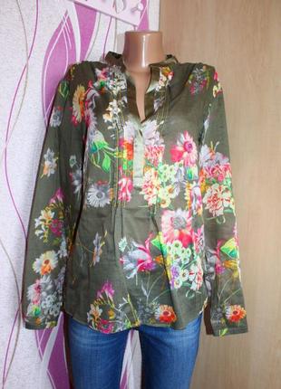 Блуза сорочка хакі в принт квітів / воріт стійка, max volmary