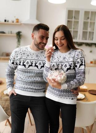 Новогодний свитер с оленями, family look, парные свитера, свитер для пары на новый год, шерстяной свитер, теплый свитер