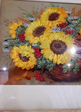 Картина соняшникі, вишивка стрічками