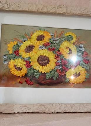 Картина соняшникі, вишивка стрічками