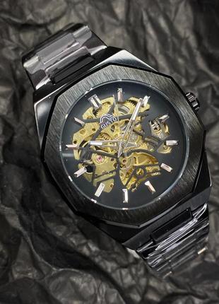 Годинник механічний з автопідзаводом сталеві чорні gusto skeleton