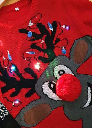 Новогодняя рождественская кофта свитер пуловер с диодной подсветкой новогодний рождественский принт2 фото