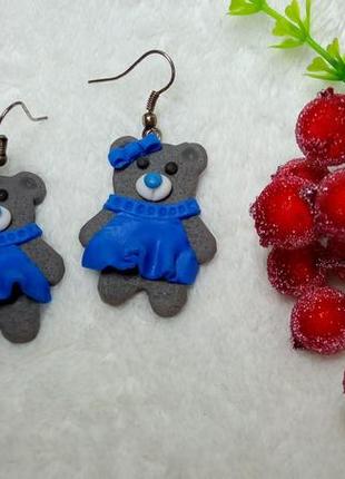 Серьги мишки - синее плате hendmade 5