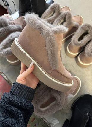 Замшеві зимові лофери черевики з хутром натуральної норки замшевые зимние лоферы ботинки с натуральной норкой