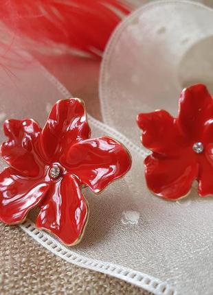 Сережки украшение цветок цветы эмаль металлические серьги бижутерия красные1 фото