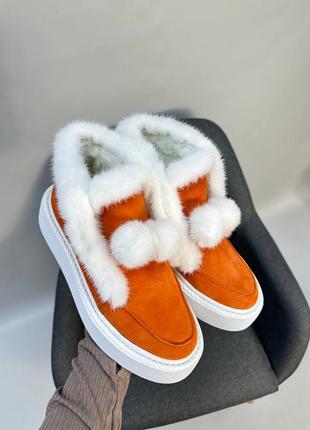 Екслюзивні черевики високі лофери з натуральної італійської шкіри та замші жіночі з норкою