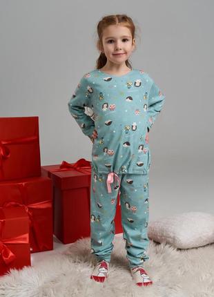 Комплект зі штанами на дівчинку з принтом сови - інтерлок - family look мама/донька1 фото