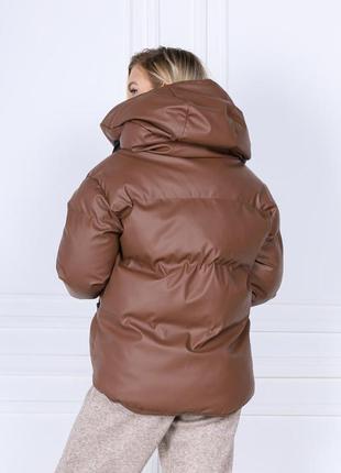 Зима куртка пуховик с капюшоном дутик кожа короткая теплая кэмел коричневая шоколад мокко бежевая песочная молоко6 фото