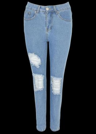 👖темно сині джинси-бойфренди з потертостями висока посадка/вільні високі джинси з дірками👖10 фото