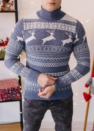 Мужской свитер с оленями синий с горлом новогодний шерстяной3 фото