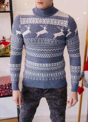 Мужской свитер с оленями синий с горлом новогодний шерстяной6 фото