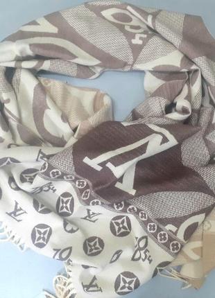 Женский шарф брендовый кашемировый плотный теплый бежево коричневый