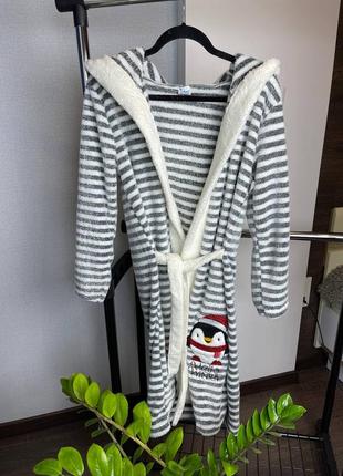 Теплий зимовий махровий/плюшевий полосатий халат з капюшоном з пінгвінои 42-522 фото