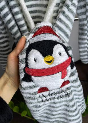 Теплий зимовий махровий/плюшевий полосатий халат з капюшоном з пінгвінои 42-524 фото