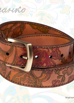 Коричневий ремінь franko flowers pattern brown big belt зі шкіри рослинного дублення.1 фото