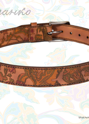 Коричневий ремінь franko flowers pattern brown big belt зі шкіри рослинного дублення.4 фото