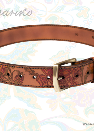 Коричневий ремінь franko flowers pattern brown big belt зі шкіри рослинного дублення.6 фото