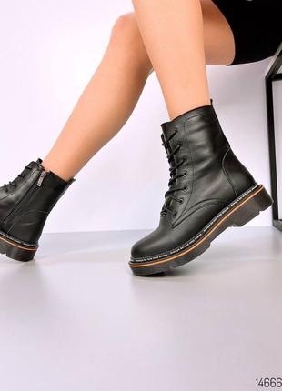 Черные натуральные кожаные зимние ботинки на шнурках шнуровке толстой подошве зима кожа2 фото