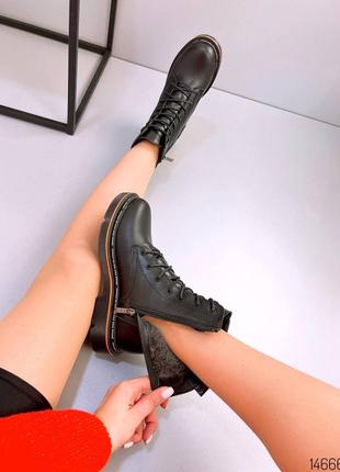 Черные натуральные кожаные зимние ботинки на шнурках шнуровке толстой подошве зима кожа5 фото