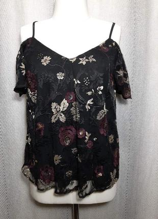Женская блуза, блузка майка топ вышивка на сетке, блестящая вышиванка открытые плечи мелкий цветок
