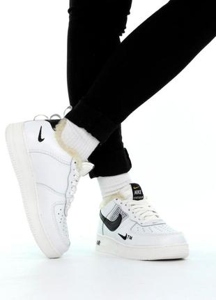 Зимові кросівки черевики nike air force 1 low white black mini winter fur найк жіночі чоловічі