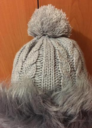 Теплая зимняя шапка вязаная с искусственным мехом ушанка с помпоном2 фото