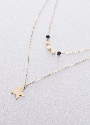Двойное золотое колье "звездочка" с черными 
фианитами кол01539