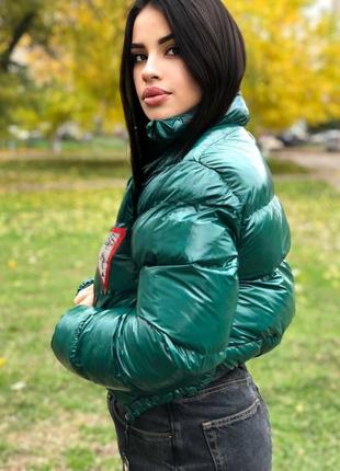 До -10° куртка дутик пуффер лаке короткая теплая зима осень бутылка изумруд зелёный3 фото