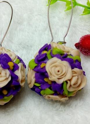 Сережки hendmade квіти фіолетові бежеві трояндочки2 фото