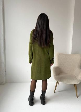 Женское теплое платье миди до колена ангора серое хаки меланж зеленое под горло на каждый день с рукавом7 фото