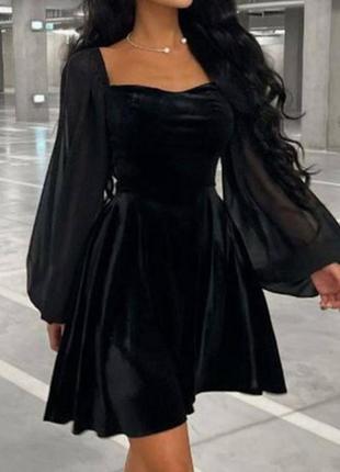 Розкішна чорна бархатна оксамитова сукня з шифоновими рукавами з сітки🖤