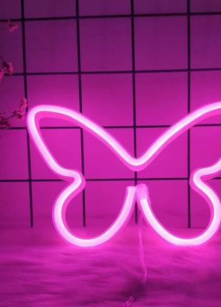 Настенный неоновый светильник ночник бабочка butterfly розовая7 фото